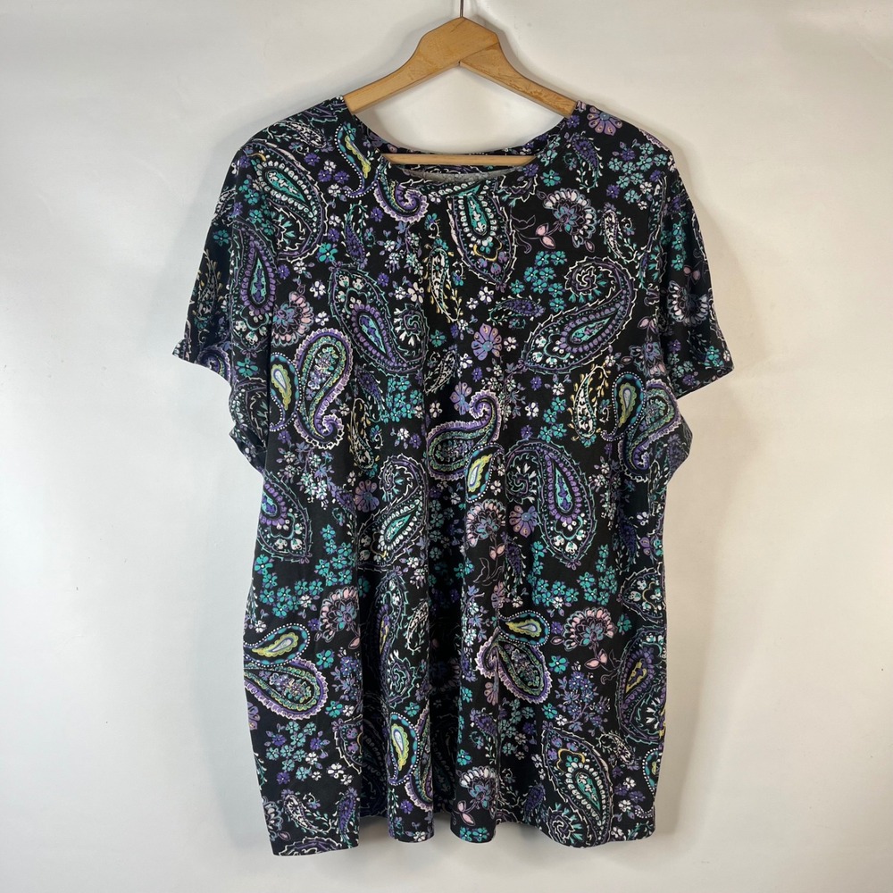 Woman Within T-Shirt Womens 2X Black Paisley Floral Short Sleeve Scoop Neck Tee